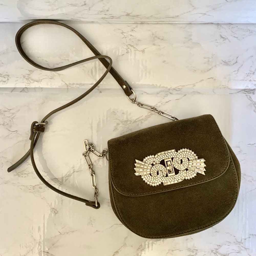 Zara Olive Green Suede Crossbody with Rhinestones